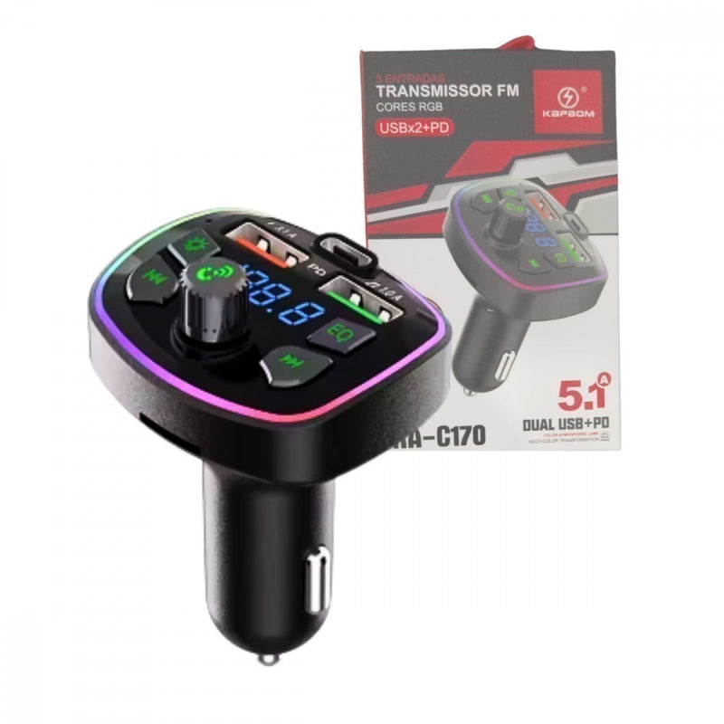 Carregador Veicular Bluetooth 5.1 com USB e Tipo-C – Recarga Rápida