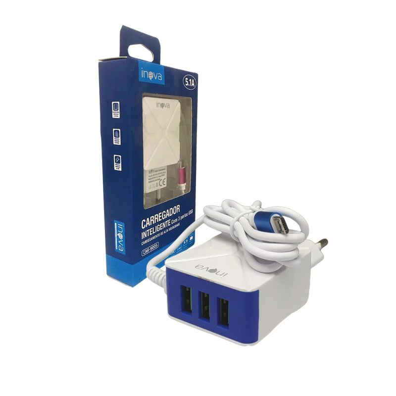 Carregador Completo INOVA 5.1A com 3 Portas USB Tipo V8