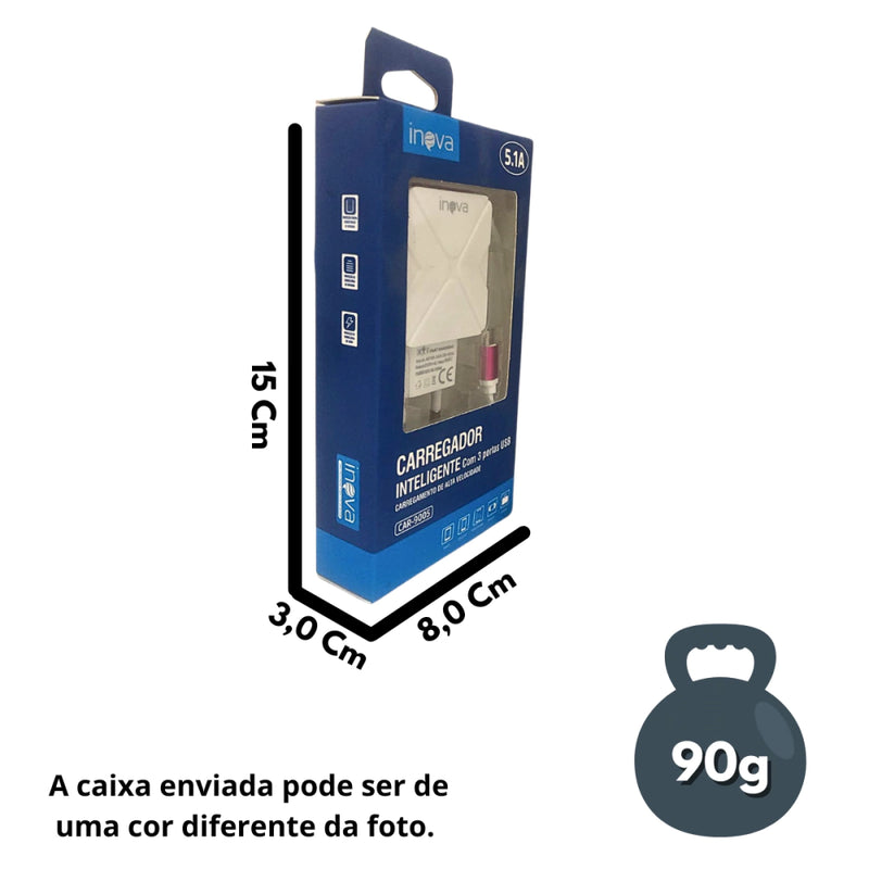 Carregador Completo INOVA 5.1A com 3 Portas USB Tipo V8