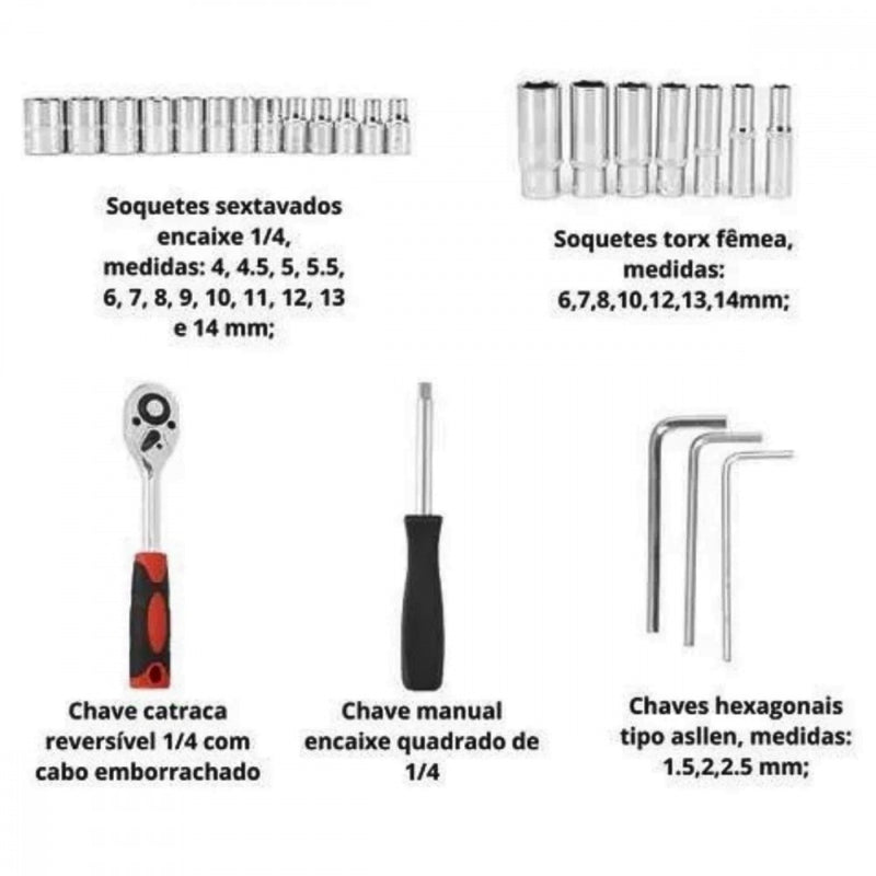Kit Ferramentas Soquetes Maleta 53 Peças Completo Bits Catraca