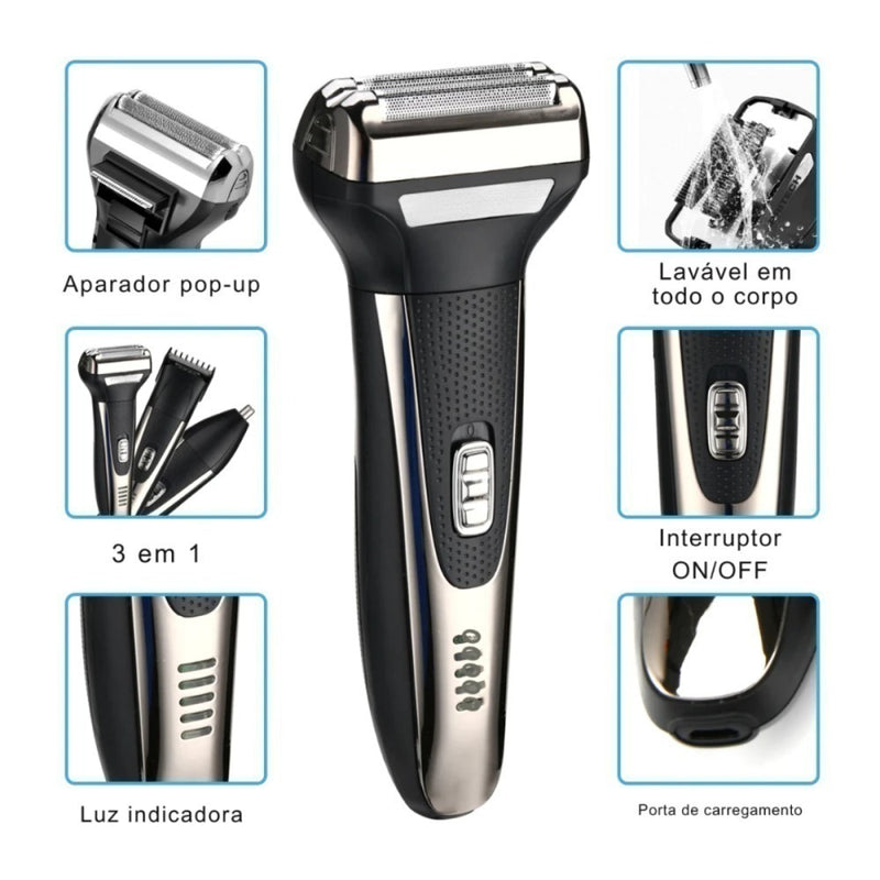 Barbeador Elétrico Profissional 3 em 1 Shaver Aparador de Pelos Recarregável Bivolt