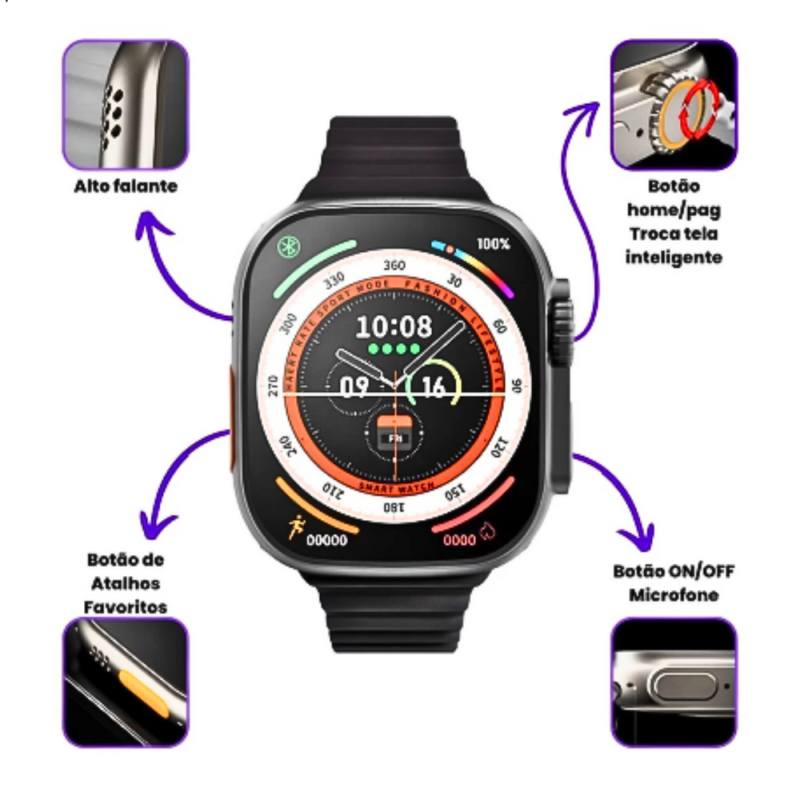 Smartwatch W69 Kapbom – Relógio Inteligente com NFC, Bluetooth 5.2, 7 Pulseiras e Tela HD – Compatível com iOS/Android