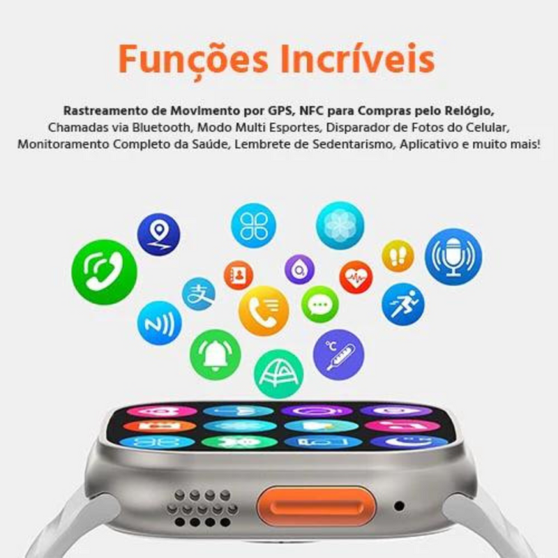Smartwatch W69 Kapbom – Relógio Inteligente com NFC, Bluetooth 5.2, 7 Pulseiras e Tela HD – Compatível com iOS/Android