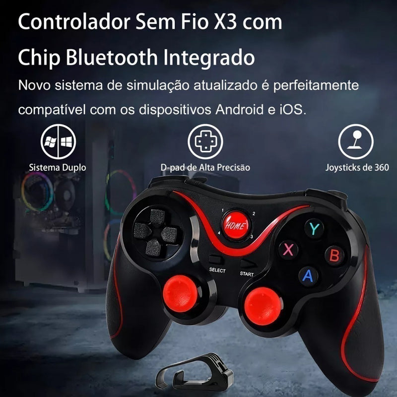Controle Gamer Sem Fio com Suporte Celular Joystick Manete Bluetooth 2.4G