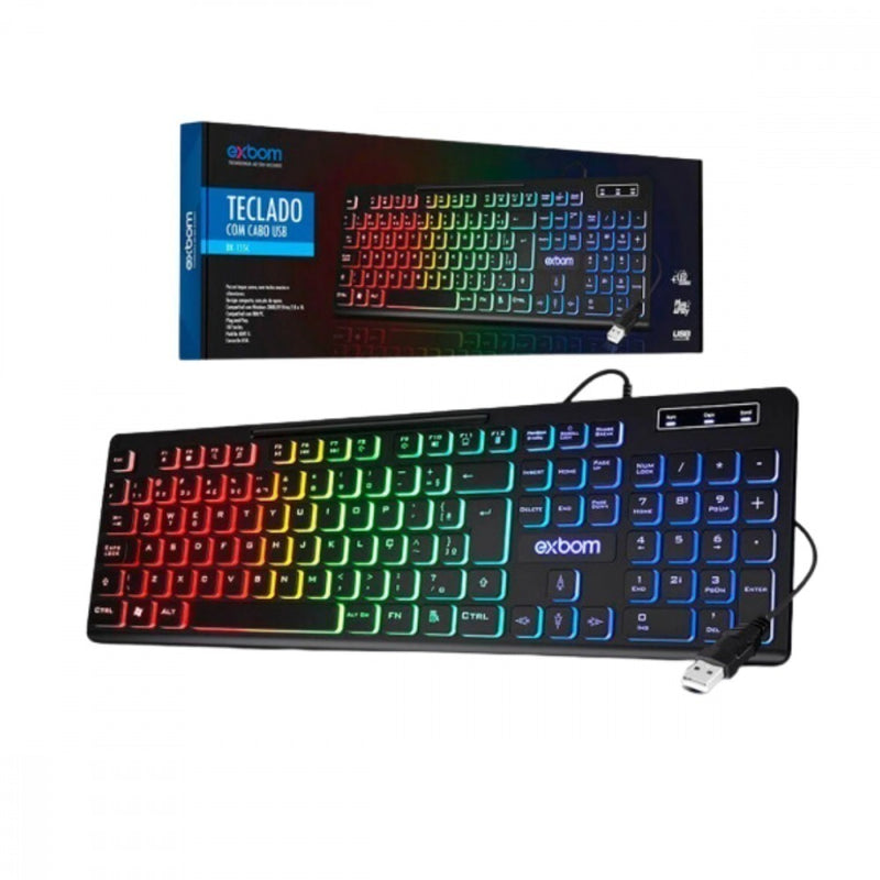 Teclado Gamer Exbom RGB Semi-Mecânico LED - Plug & Play, ABNT2, Multimídia, PC/Notebook