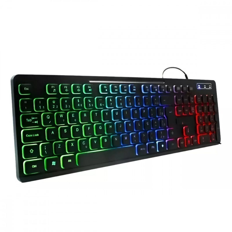 Teclado Gamer Exbom RGB Semi-Mecânico LED - Plug & Play, ABNT2, Multimídia, PC/Notebook