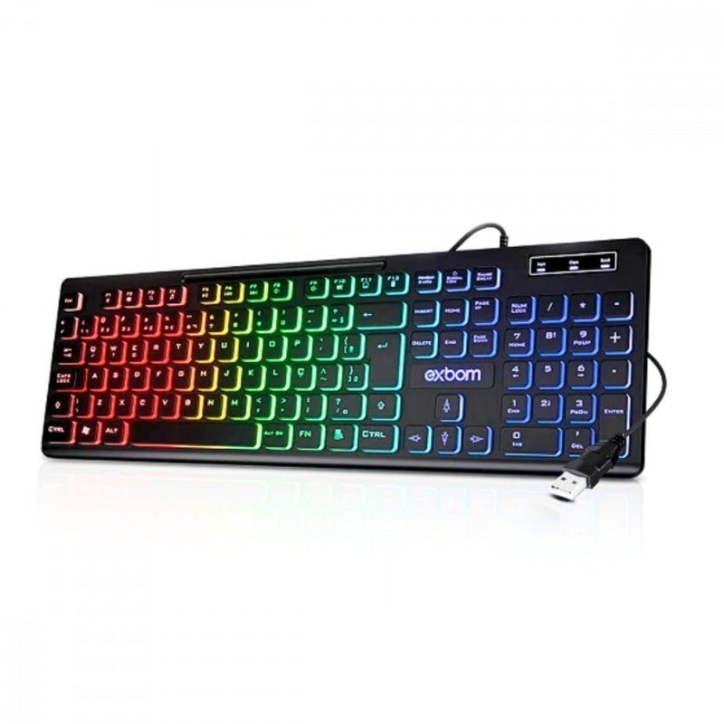 Teclado Gamer Exbom RGB Semi-Mecânico LED - Plug & Play, ABNT2, Multimídia, PC/Notebook