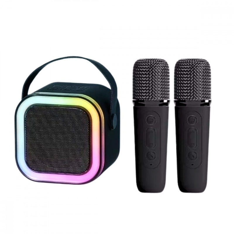 Caixa de Som Bluetooth Karaokê Portátil LED Com 02 Microfones
