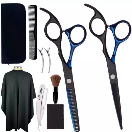 Kit com 9 Peças Tesouras, Navalha e Acessórios Profissionais Barbeiro Fio Laser