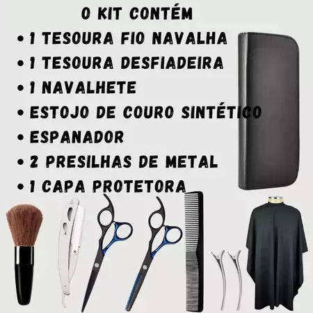 Kit com 9 Peças Tesouras, Navalha e Acessórios Profissionais Barbeiro Fio Laser