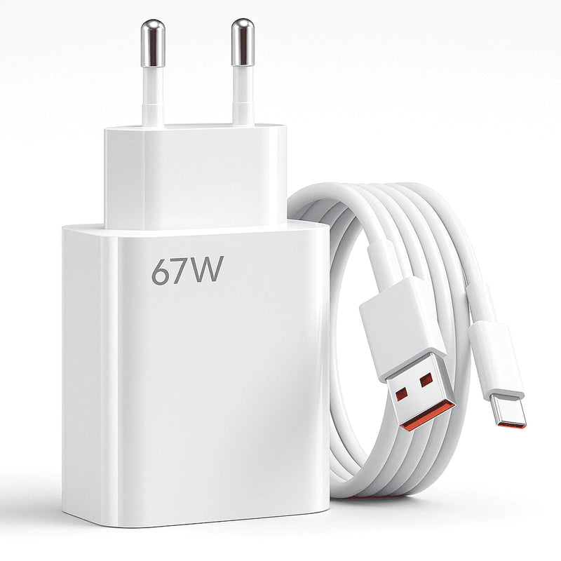 Carregador Turbo 67W com cabo Tipo C 1m, bivolt, alta potência para recarga rápida e segura. Compatível com vários dispositivos.