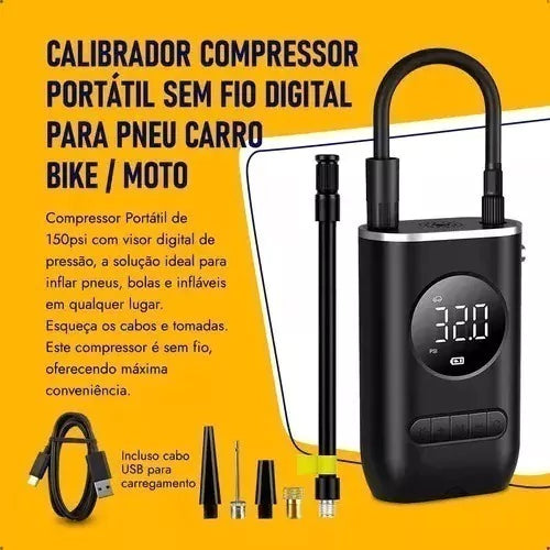 Mini Compressor de Ar Portátil Recarregável Digital USB com Calibrador de Pneus