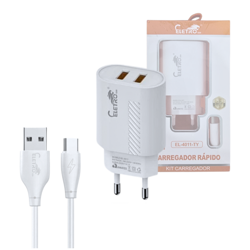 Carregador 5.1A com 2 Portas USB + Cabo Tipo-C - Eletromex - Rápido e Seguro