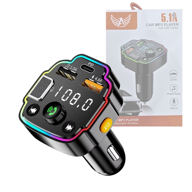 Transmissor FM Bluetooth Veicular MP3 Player RGB - Carregador Rápido QC3.0