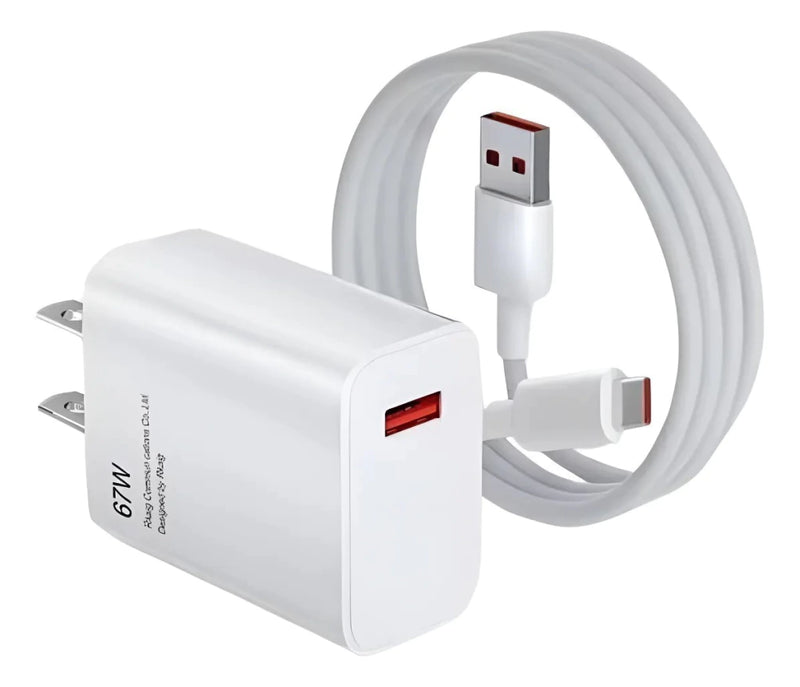Carregador Turbo 67W com cabo Tipo C 1m, bivolt, alta potência para recarga rápida e segura. Compatível com vários dispositivos.