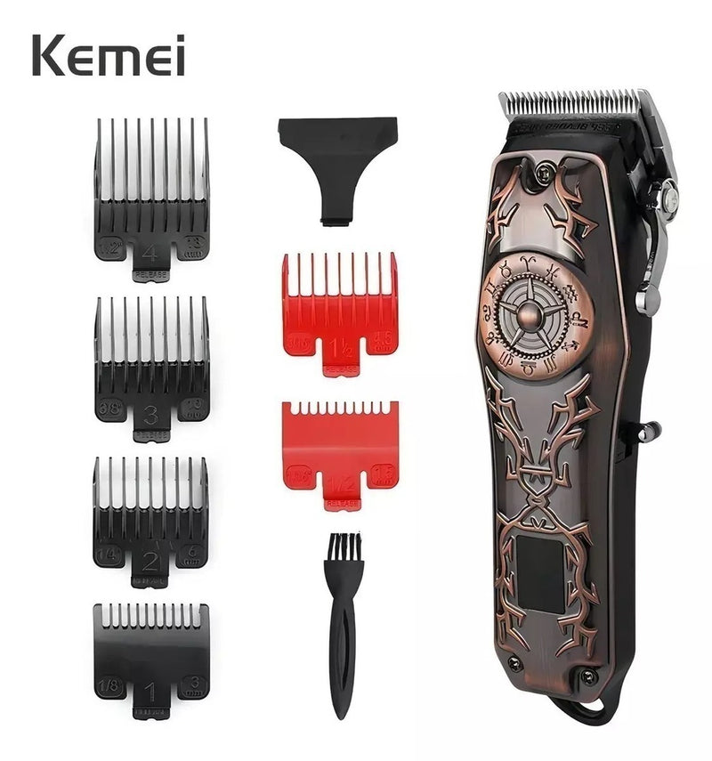 Máquina de Cortar Cabelo e Barba Kemei KM-2617 Profissional – Potência e Precisão para Seu Corte em Casa ou no Salão, 6 Pentes, LED Display, Bateria.