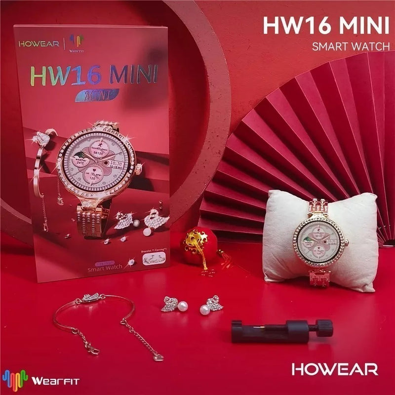 Smartwatch HW16 Mini Fashion Tela 1.32” + Pulseira Aço + Bracelete + Brincos | Bluetooth 5.2 | Monitor Cardíaco | Edição Limitada