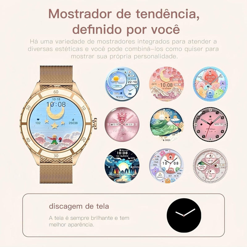 Smartwatch HW16 Mini Fashion Tela 1.32” + Pulseira Aço + Bracelete + Brincos | Bluetooth 5.2 | Monitor Cardíaco | Edição Limitada