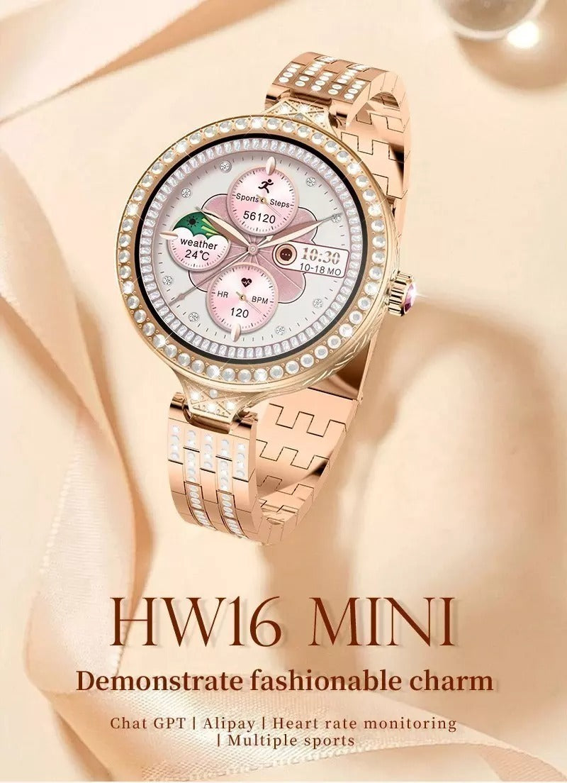 Smartwatch HW16 Mini Fashion Tela 1.32” + Pulseira Aço + Bracelete + Brincos | Bluetooth 5.2 | Monitor Cardíaco | Edição Limitada