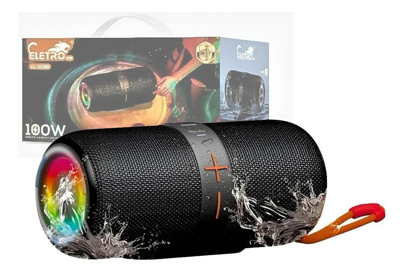 Caixa de Som Bluetooth Eletromex EL-1096 100W LED à Prova D'Água, Bateria Durável e Som Potente para Uso Externo.