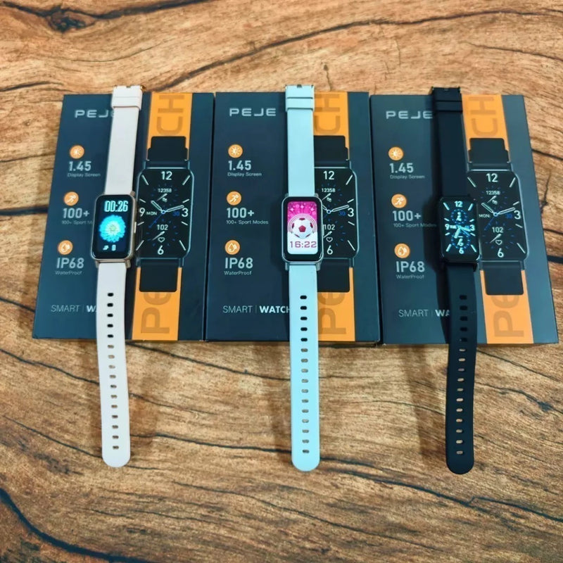 "Smartwatch PEJE 1.45” HD com chamadas Bluetooth, 123+ esportes, saúde 24h, IP68 e bateria duradoura. Estilo, tecnologia e desempenho no seu pulso!"