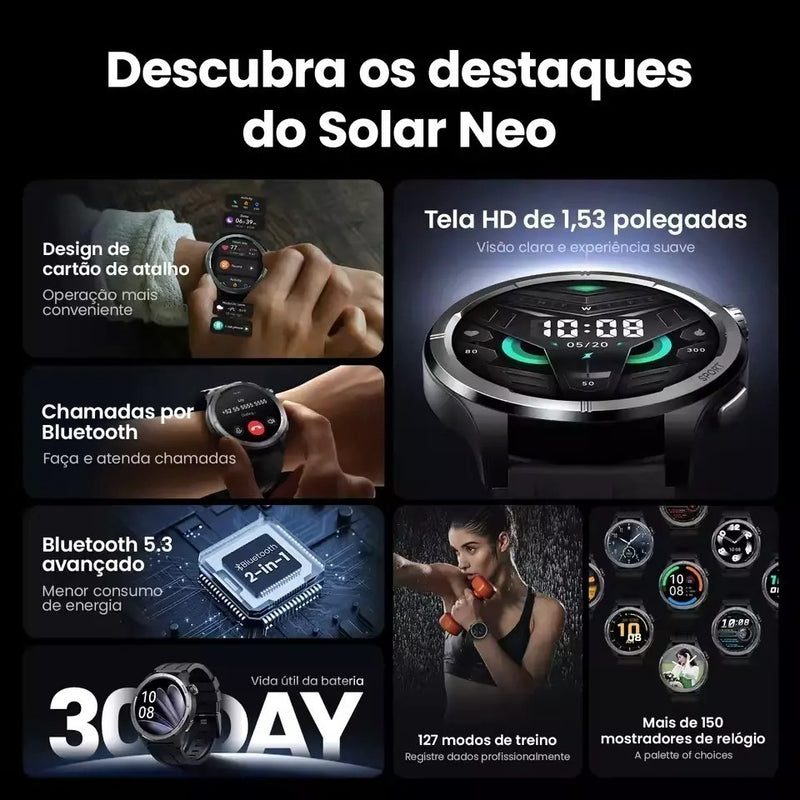 Haylou Solar Neo Global - Smartwatch com tela HD 1,53”, 127 modos de treino, bateria de 30 dias e sensor cardíaco.