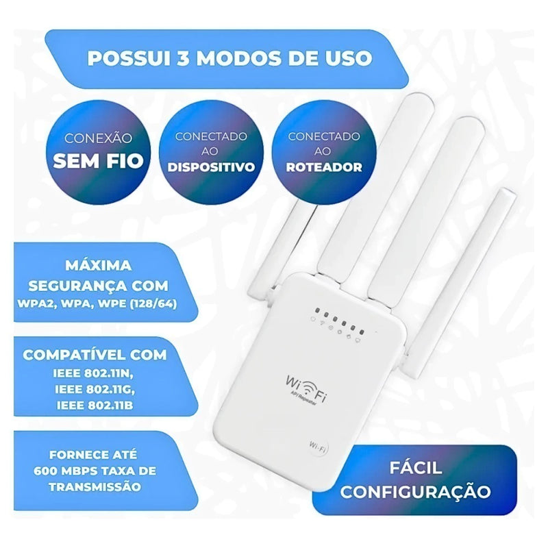 Repetidor de Sinal Wi-Fi Kapbom KA-X338 2.4GHz 300Mbps com 4 Antenas, Homologado Anatel - Aumenta o Alcance da Internet em Casas e Escritórios