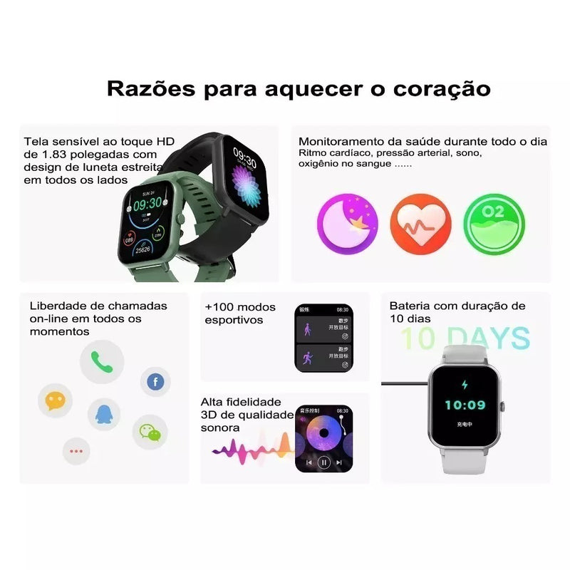 Smartwatch Peje ZW01 à Prova d'Água IP67 - Monitor de Frequência Cardíaca, Pressão Arterial, Oxigênio no Sangue, 8 Modos Esporte, Bluetooth 5.1
