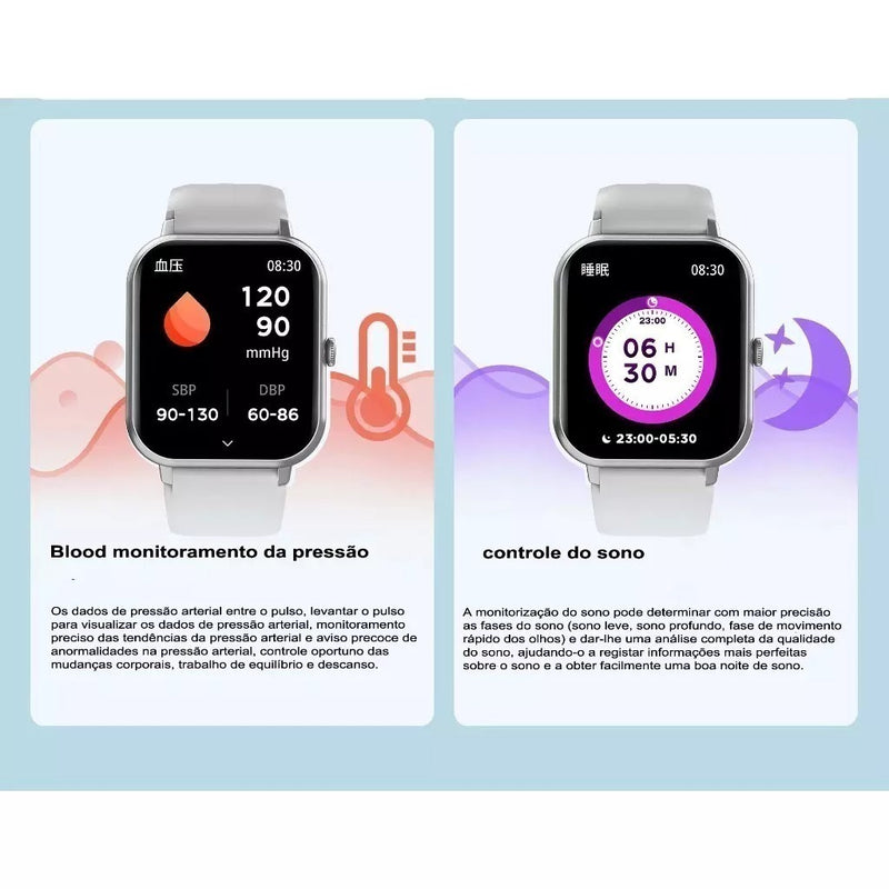 Smartwatch Peje ZW01 à Prova d'Água IP67 - Monitor de Frequência Cardíaca, Pressão Arterial, Oxigênio no Sangue, 8 Modos Esporte, Bluetooth 5.1