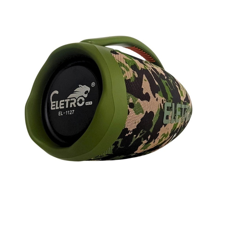 Caixa de Som Bluetooth Eletromex EL-1124 – 1000W PMPO, À Prova D'água IPX6, LED RGB, TWS, Rádio FM, Bateria Recarregável – Preto/Camuflado
