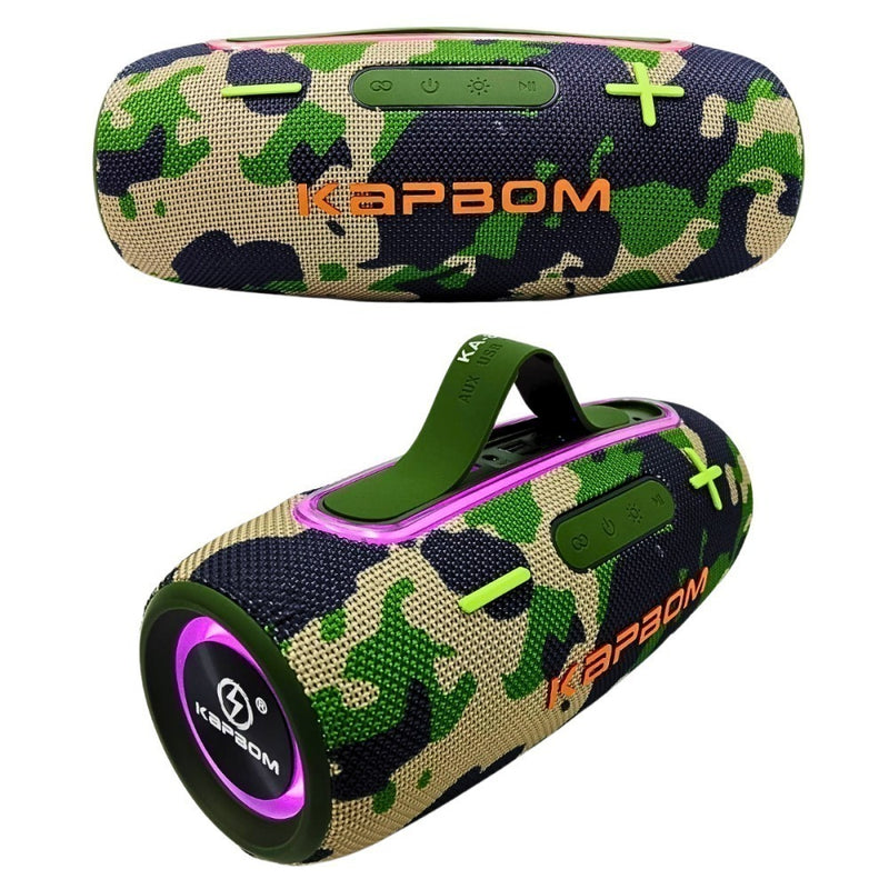 Caixa de Som Bluetooth Portátil Kapbom 20W BASS LED TWS à Prova D'Água - Som Estéreo Potente, Conectividade Avançada e Design Resistente.