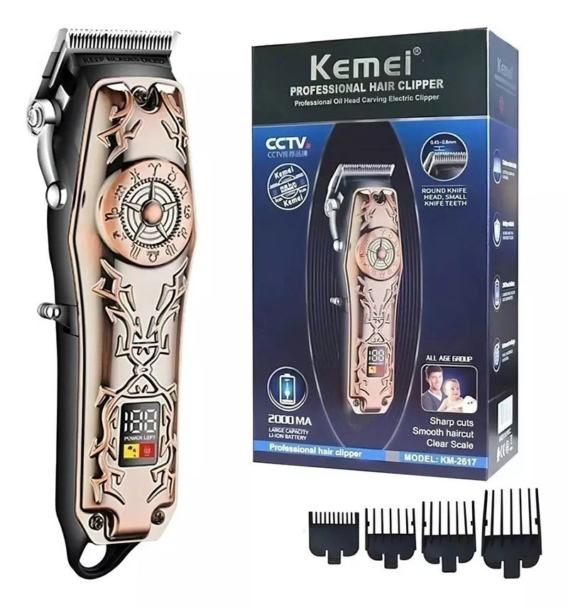 Máquina de Cortar Cabelo e Barba Kemei KM-2617 Profissional – Potência e Precisão para Seu Corte em Casa ou no Salão, 6 Pentes, LED Display, Bateria.