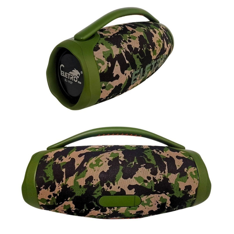 Caixa de Som Bluetooth Eletromex EL-1124 – 1000W PMPO, À Prova D'água IPX6, LED RGB, TWS, Rádio FM, Bateria Recarregável – Preto/Camuflado