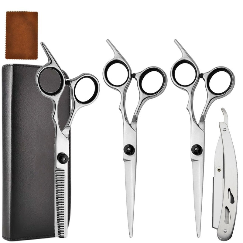 Kit Tesouras e Navalha Profissionais para Barbeiro Fio Laser - Prata